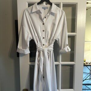 Roxanne Point Collar Long Sleeve Ruched Tie Waist Button Front Shirt Dress